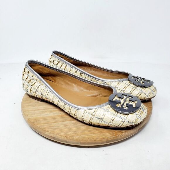 Tory Burch Reva Womens 7 Reva Raffia Woven Straw Ballet Flat Slip On Shoe WORN - Picture 2 of 14